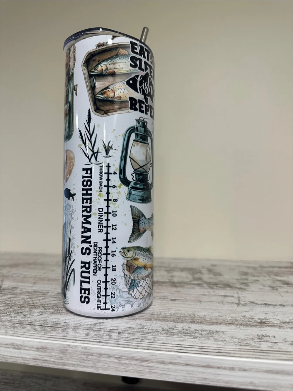 Fishing Life Stainless Steel Tumbler - White with Multi-Color Fish Design